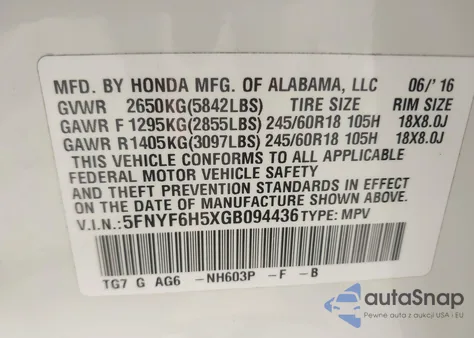 2016 Honda Pilot Ex-L from USA, damaged, VIN 5FNYF6H5XGB094436